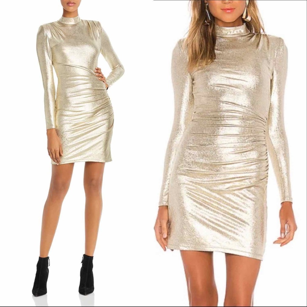 Alice + Olivia Metallic Gold Long-Sleeve Mini Dress